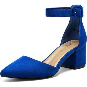 Dream Pairs Women's  Royal Blue Pointed Closed Toe Low Block Ankle Strap Heels
